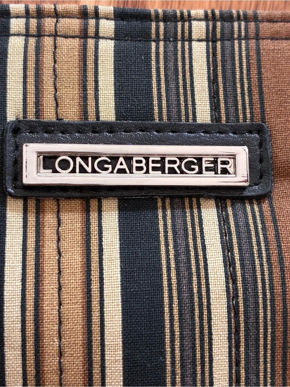 Longaberger Homestead Tote Bag Handbag Purse Black, Brown, Tan Stripe